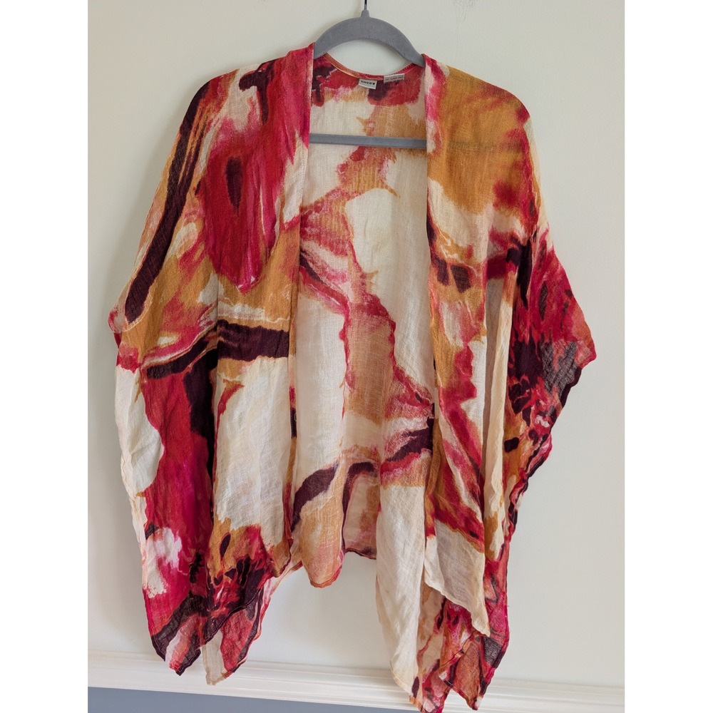Chicos 100% Linen Kimono Wrap Red Orange Abstract Watercolor Print One Size